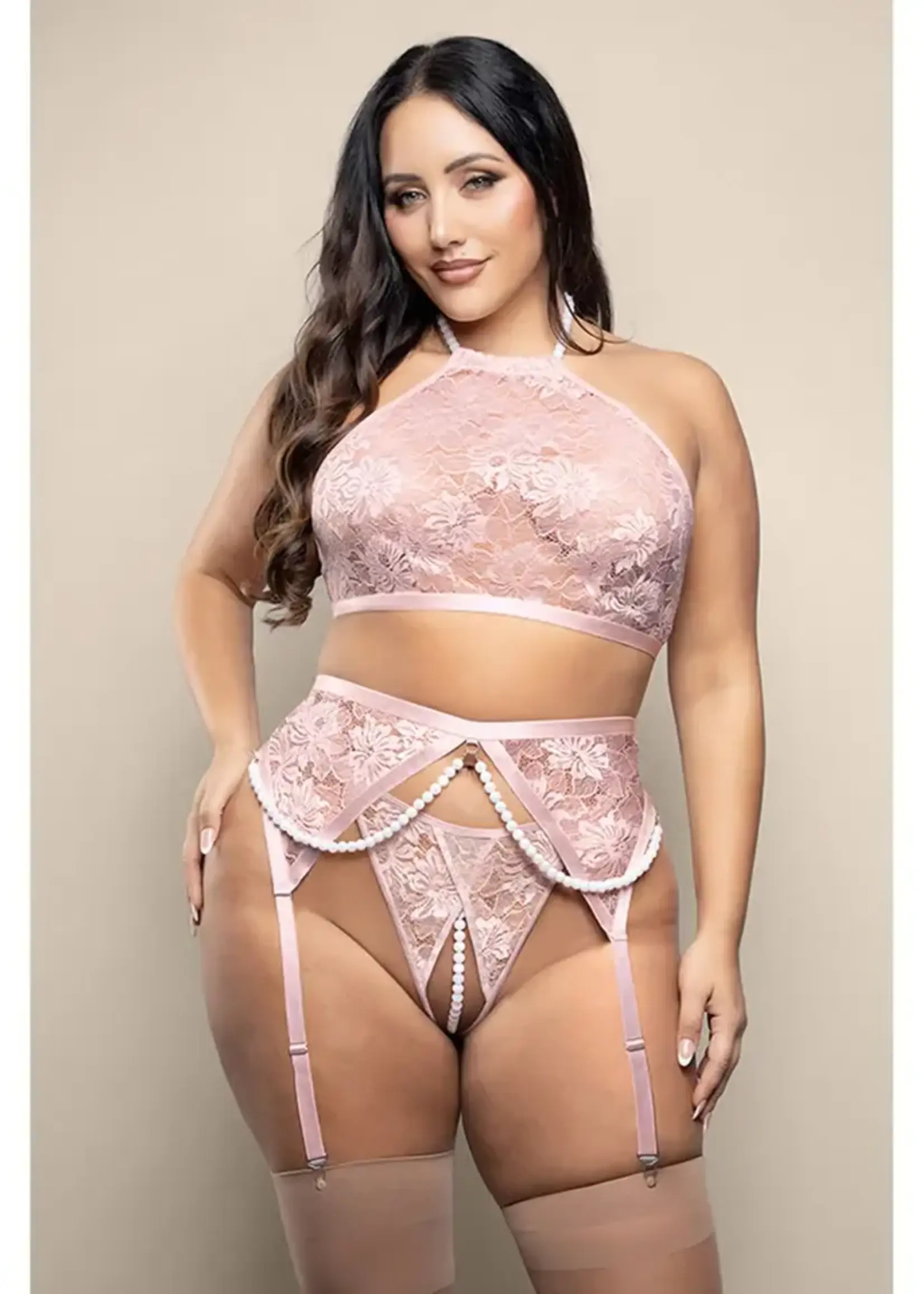 Fantasy Lingerie Bralette, Garter Belt & Crotchless Pearl G-String Queen Size
