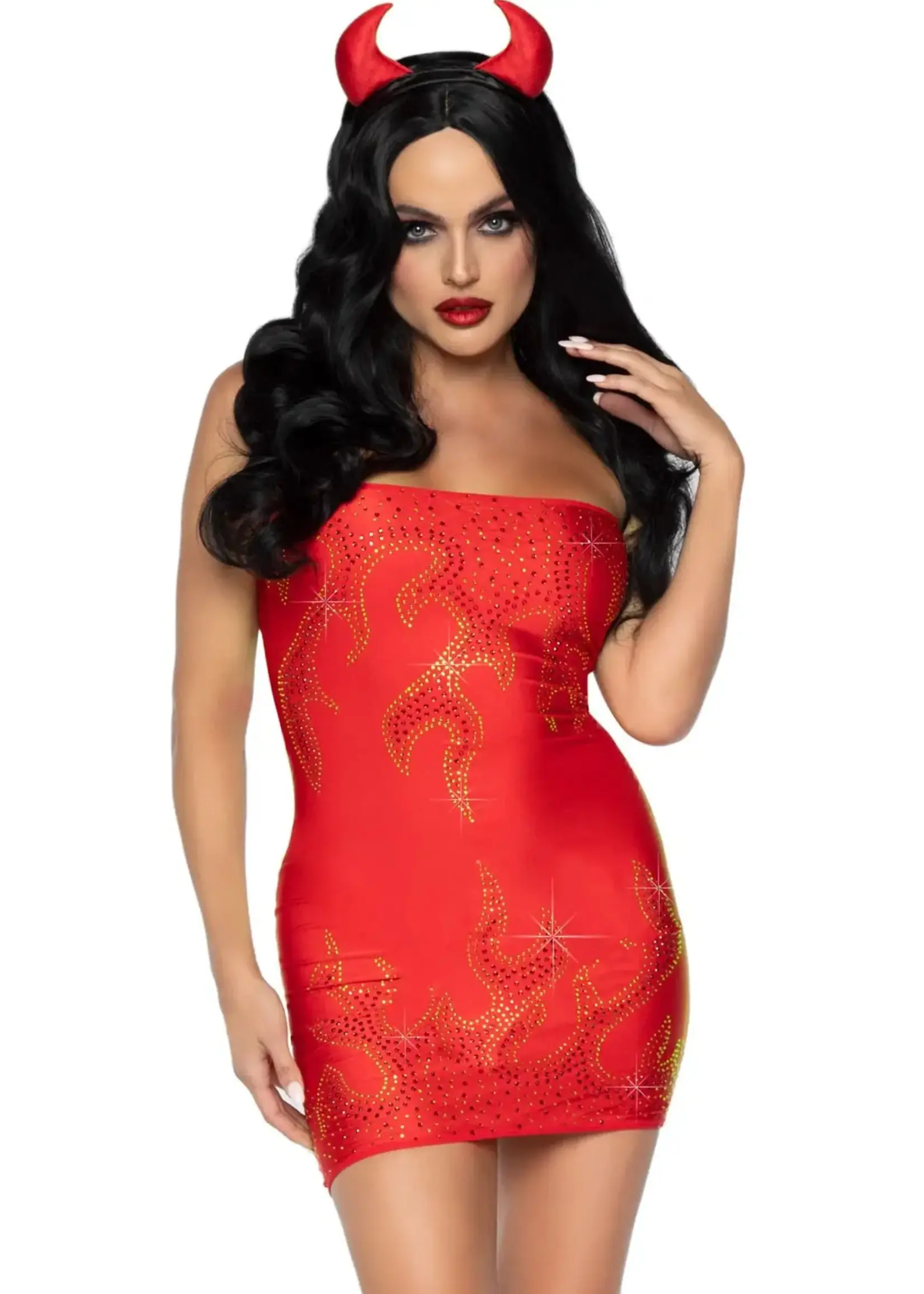 Fun Factory Leg Avenue Bedazzled Devil Rhinestone Flame Tube Dress, Pin-On Tail, and Devil Horn Headband (3 Piece) - M/L - Red