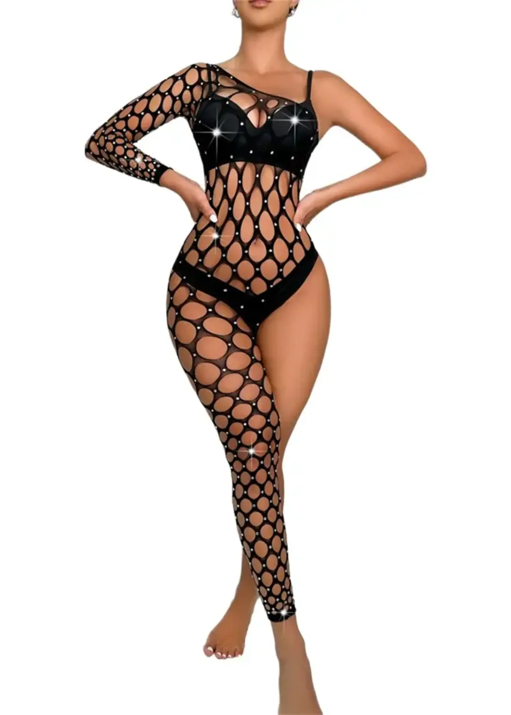 Black Pearl Diamond Pothole One Side Bodysuit - Black - O/S