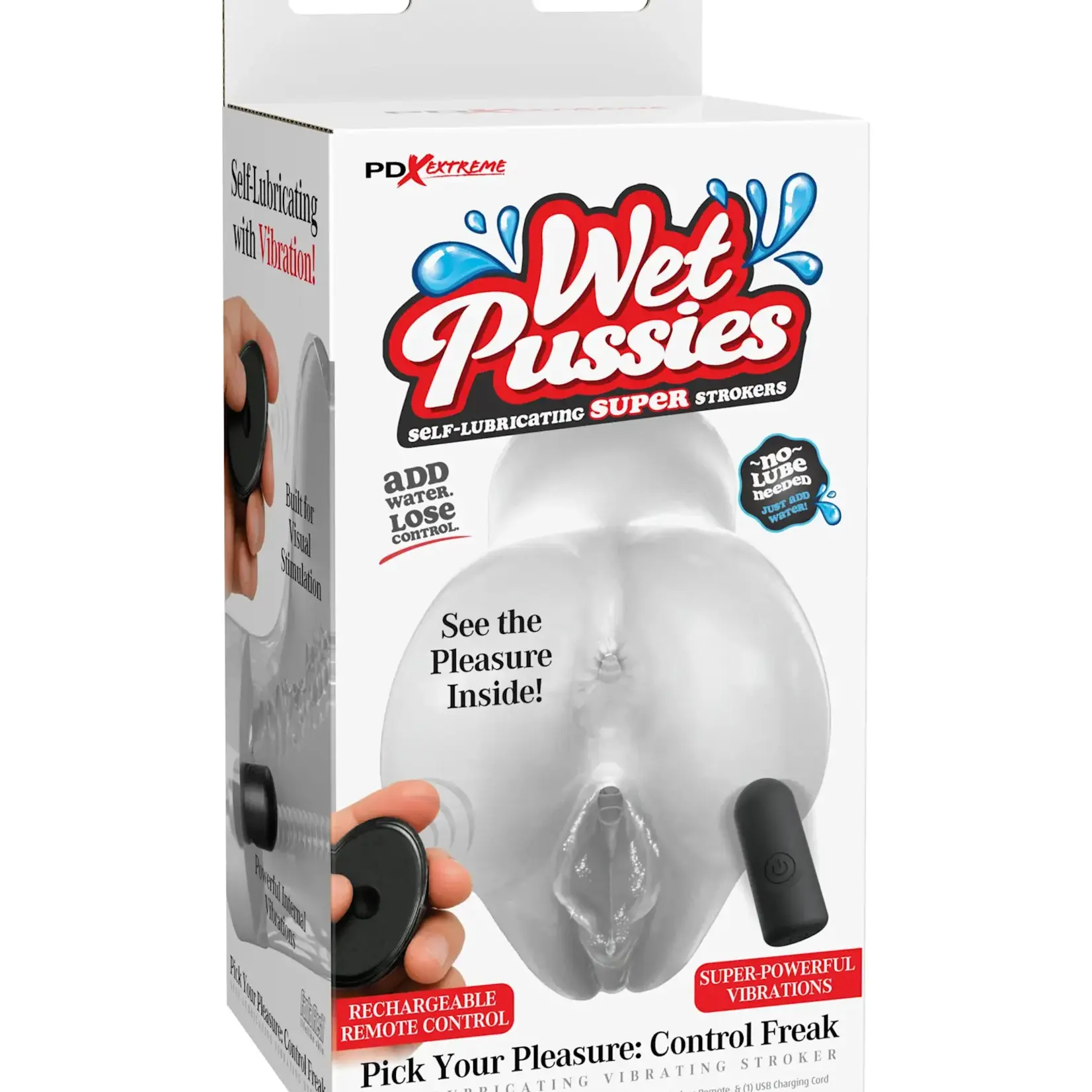 Pipedream PDX Extreme Wet Pussies Pick Your Pleasure Control Freak Self Lubricating Vibrating Stroker with Remote - Pussy/Ass - Frost