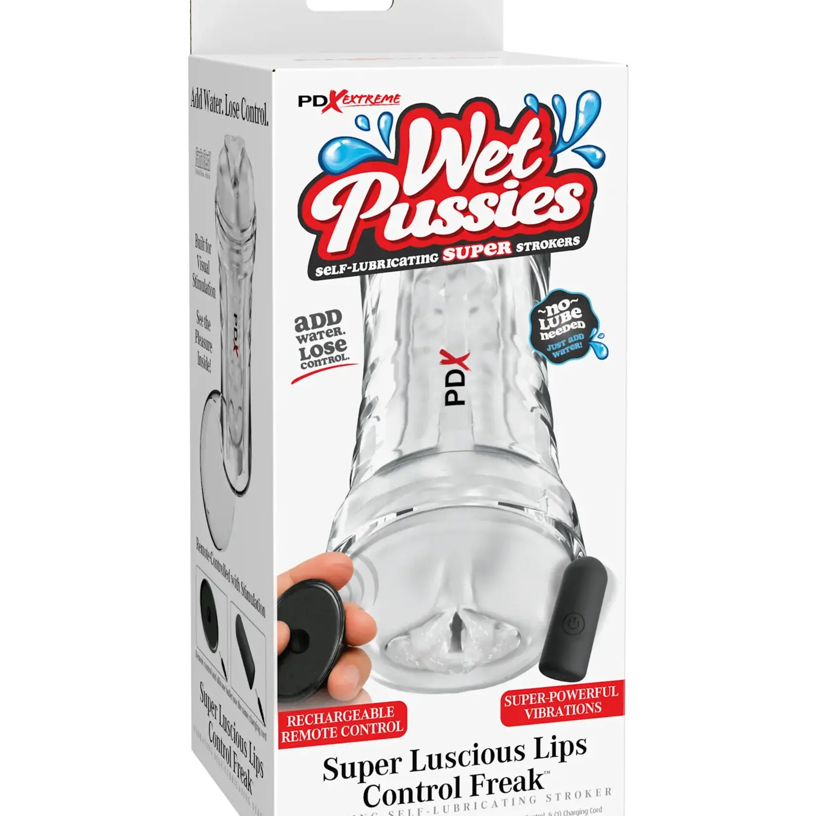 Pipedream PDX Extreme Wet Pussies Super Luscious Lips Control Freak Self Lubricating Vibrating Stroker with Remote - Pussy - Frost/Clear
