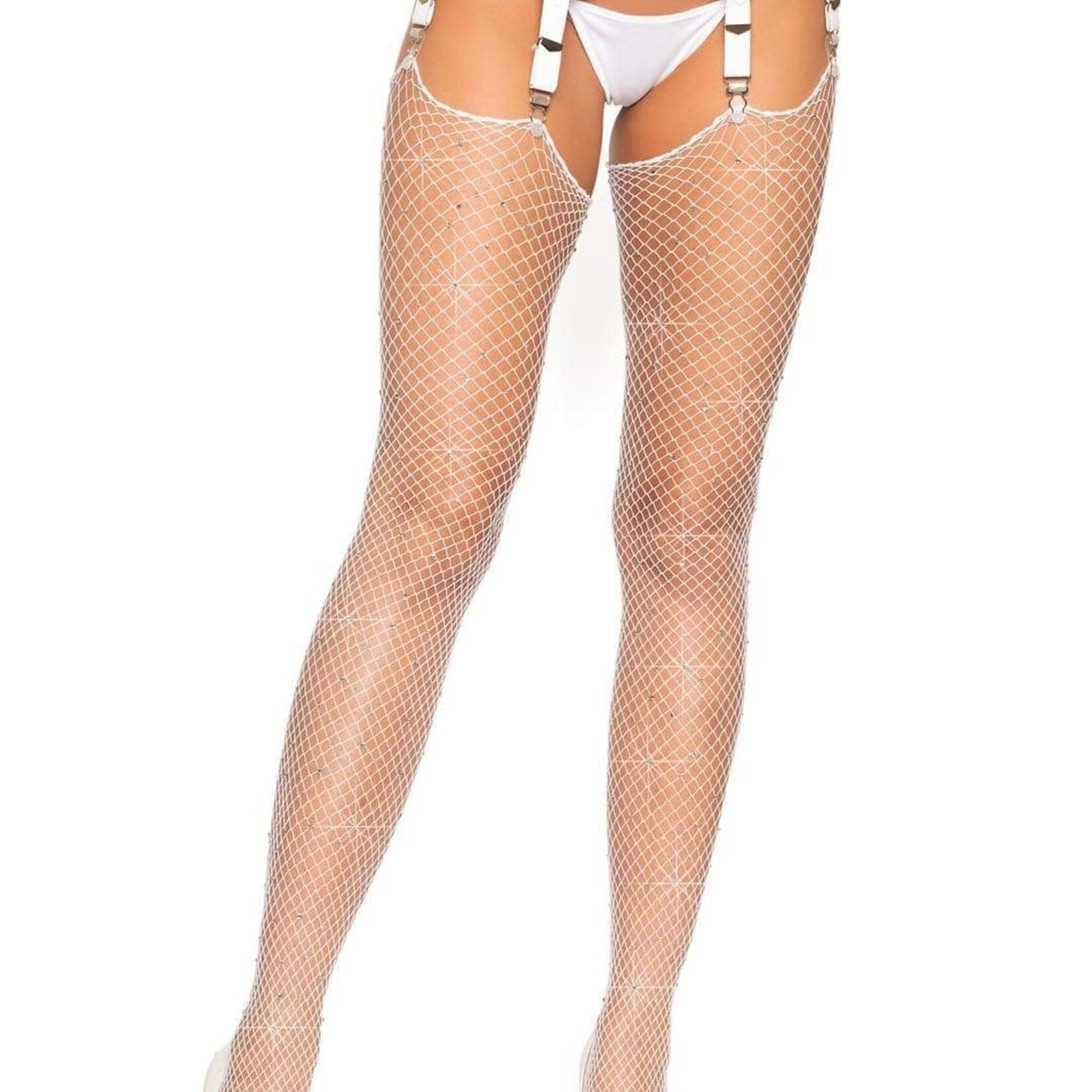 Leg Avenue Rhinestone Fishnet Stockings - One Size - White