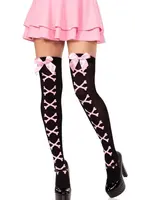 Leg Avenue Leg Avenue Opaque Cross Bone Thigh Highs with Satin Bow Accent - Black/Light Pink - O/S