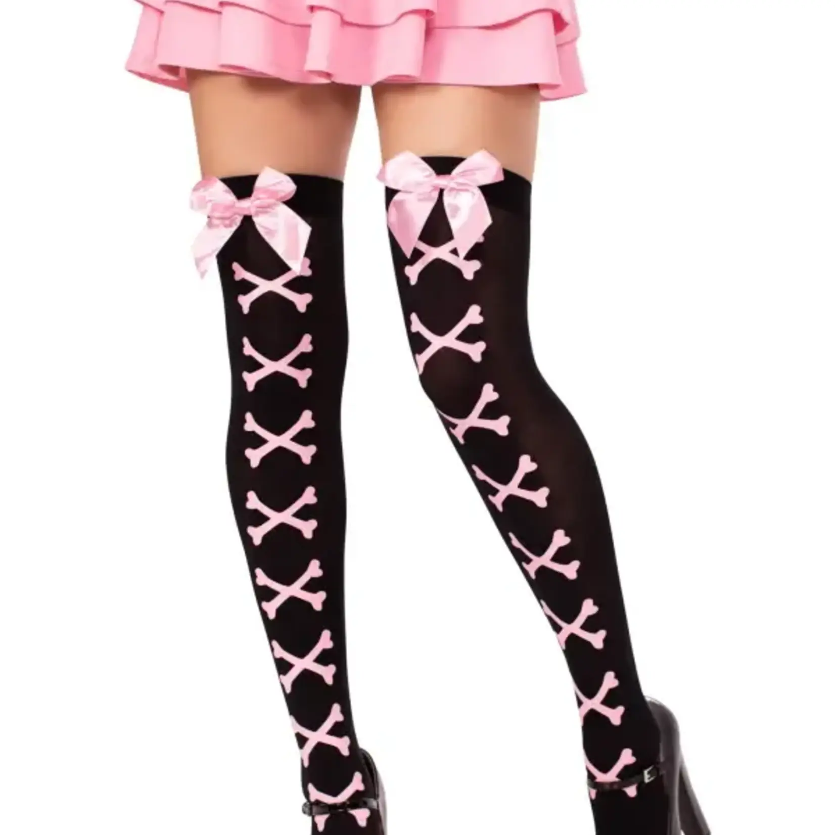 Leg Avenue Leg Avenue Opaque Cross Bone Thigh Highs with Satin Bow Accent - Black/Light Pink - O/S