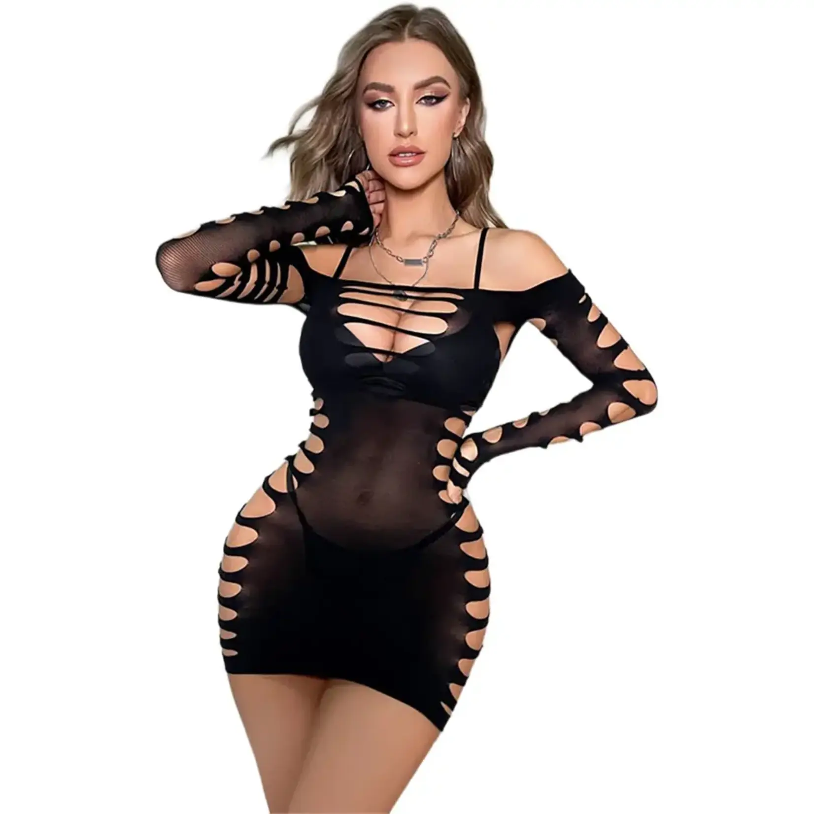 Black Pearl Cut Out Long Sleeve Dress - Black - O/S
