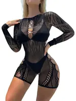 Black Pearl Intimates Black Pearl Long Sleeve Mesh Romper With Side Cut Outs - Black - O/S