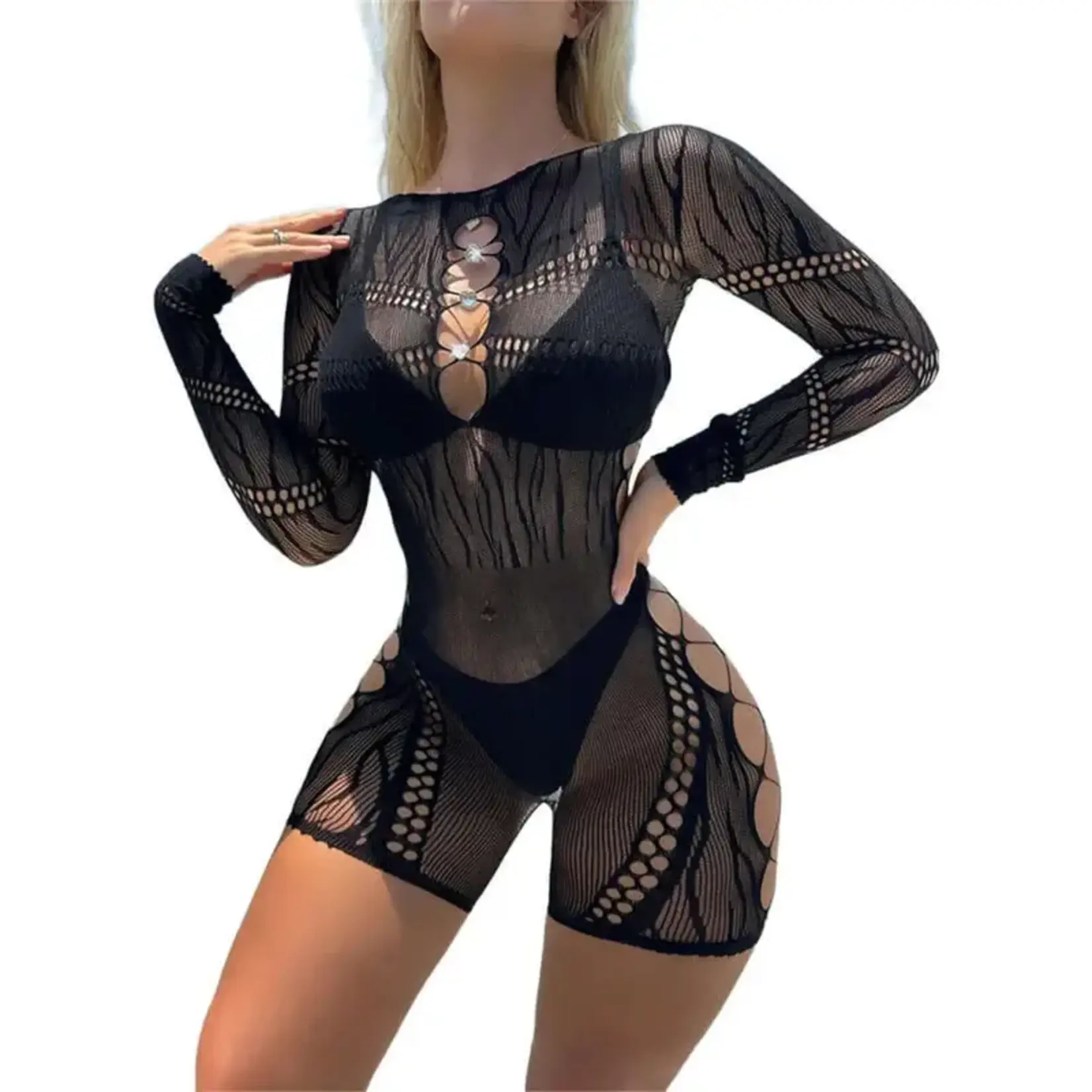 Black Pearl Intimates Black Pearl Long Sleeve Mesh Romper With Side Cut Outs - Black - O/S