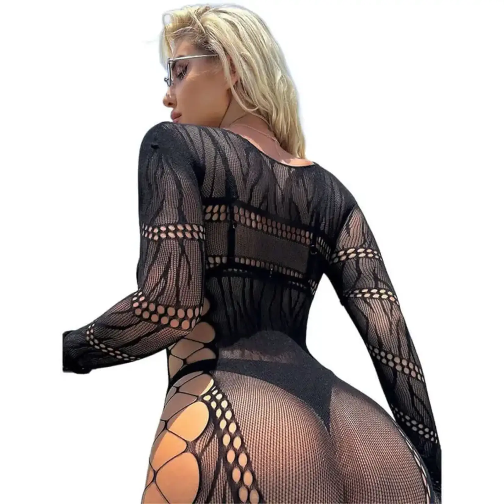 Black Pearl Intimates Black Pearl Long Sleeve Mesh Romper With Side Cut Outs - Black - O/S