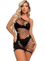 Black Pearl Intimates Black Pearl Bling Fishnet One Shoulder Dress - Black - O/S