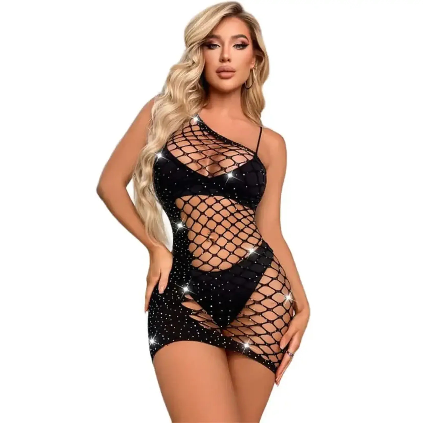Black Pearl Intimates Black Pearl Bling Fishnet One Shoulder Dress - Black - O/S