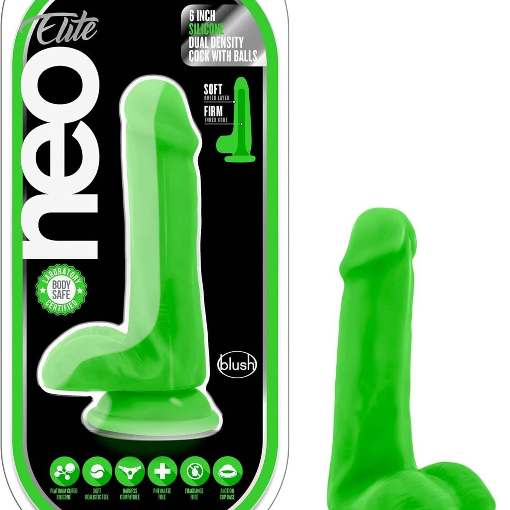 Blush Neo Elite 6" Silicone Dual Density Cock With Balls Neon Green