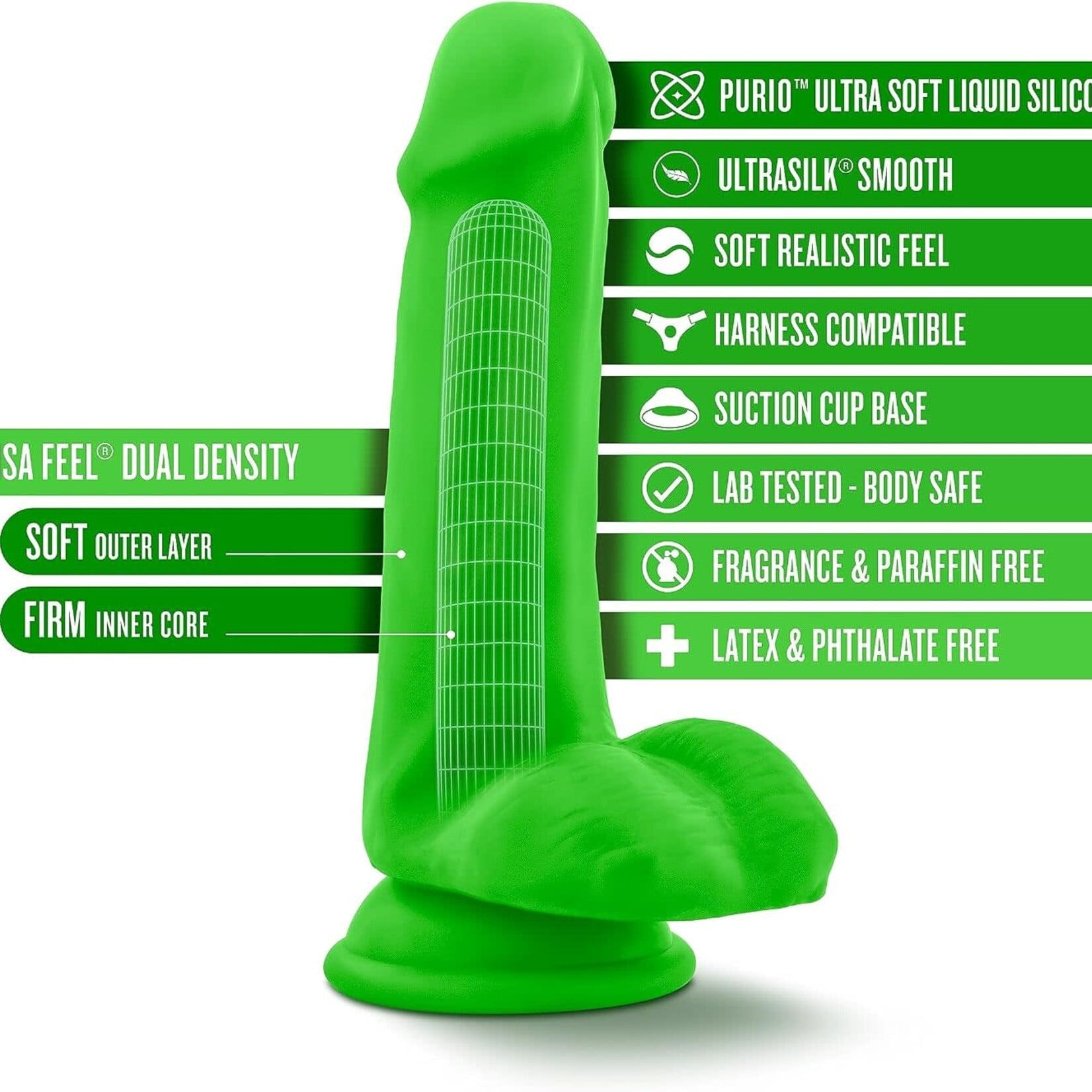 Blush Neo Elite 6" Silicone Dual Density Cock With Balls Neon Green