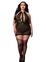 Dreamgirl Stretch Mesh and Faux Leather Gartered Chemise w/Removable Flogger - Black - Curvy Queen Size