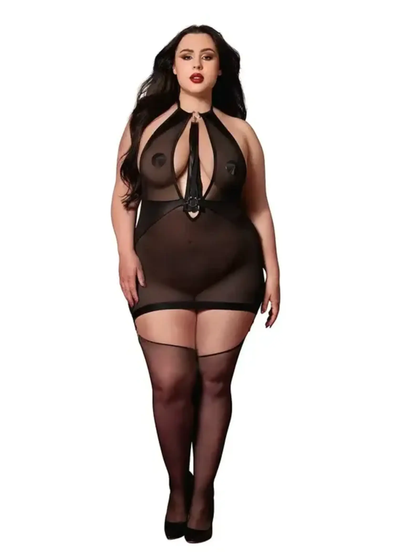 Dreamgirl Stretch Mesh and Faux Leather Gartered Chemise w/Removable Flogger - Black - Curvy Queen Size