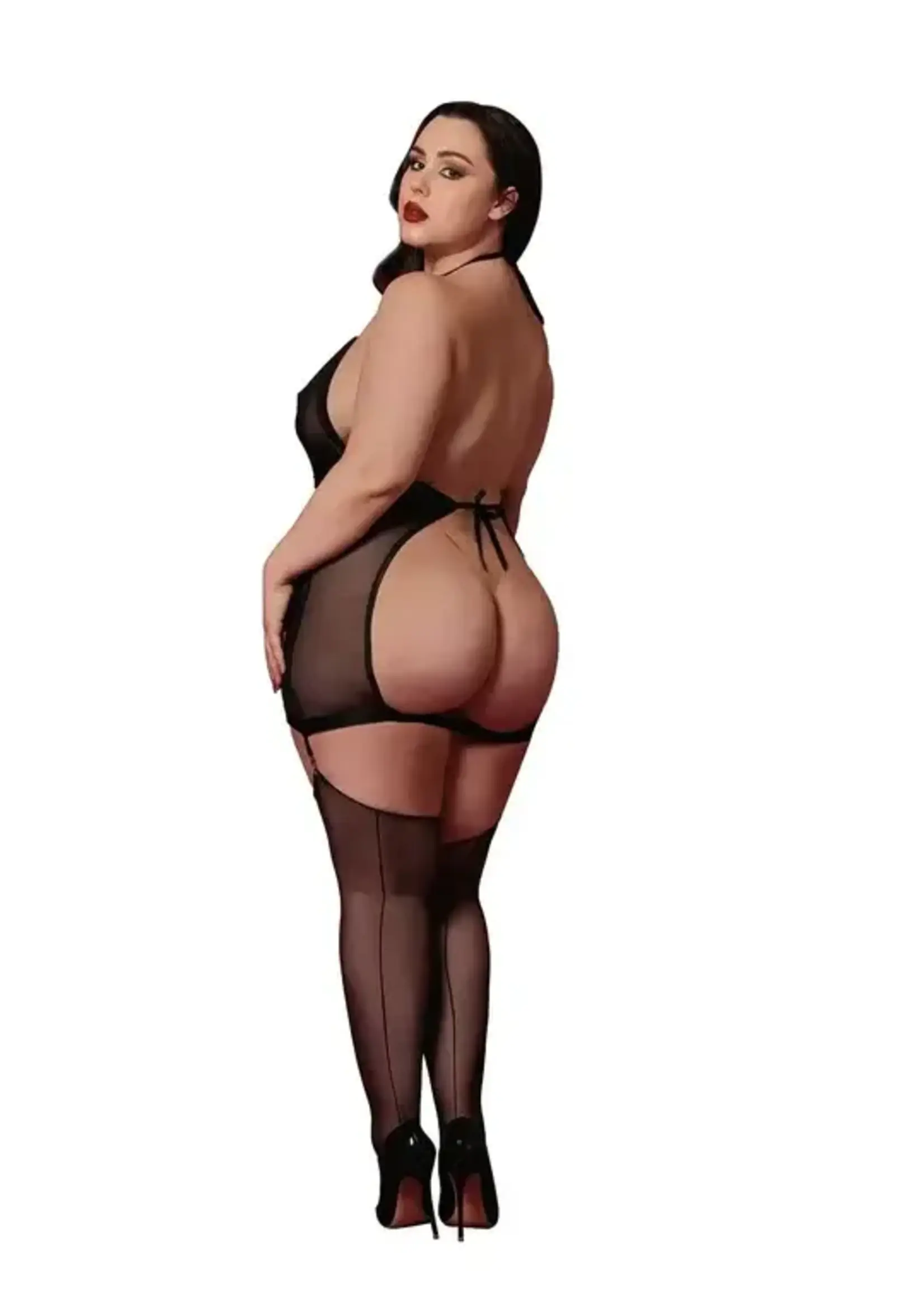 Dreamgirl Stretch Mesh and Faux Leather Gartered Chemise w/Removable Flogger - Black - Curvy Queen Size