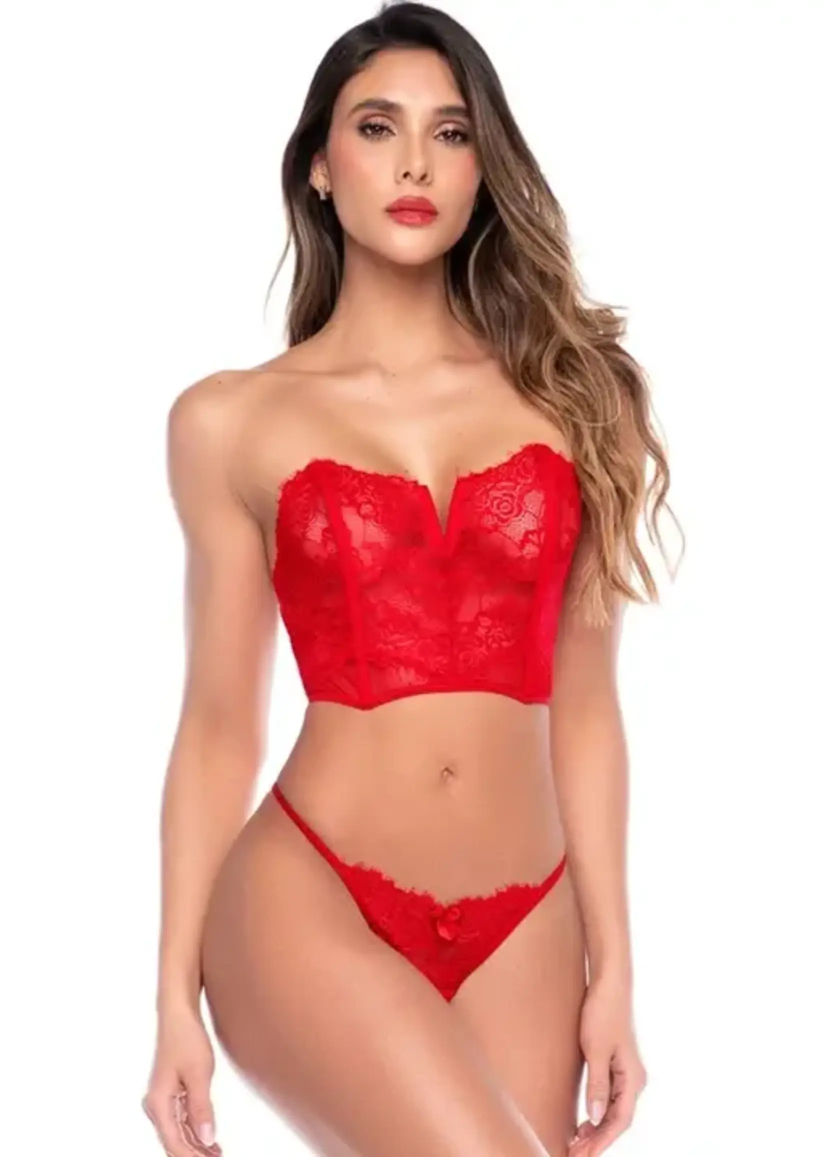 Mapale Strapless Bustier w/Lace Up Back & Thong 2 pc Set - Red S/M