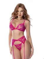 Mapale Sheer Lace Bralette, Matching Thong & Garter Belt 3 pc Set - Pink S/M