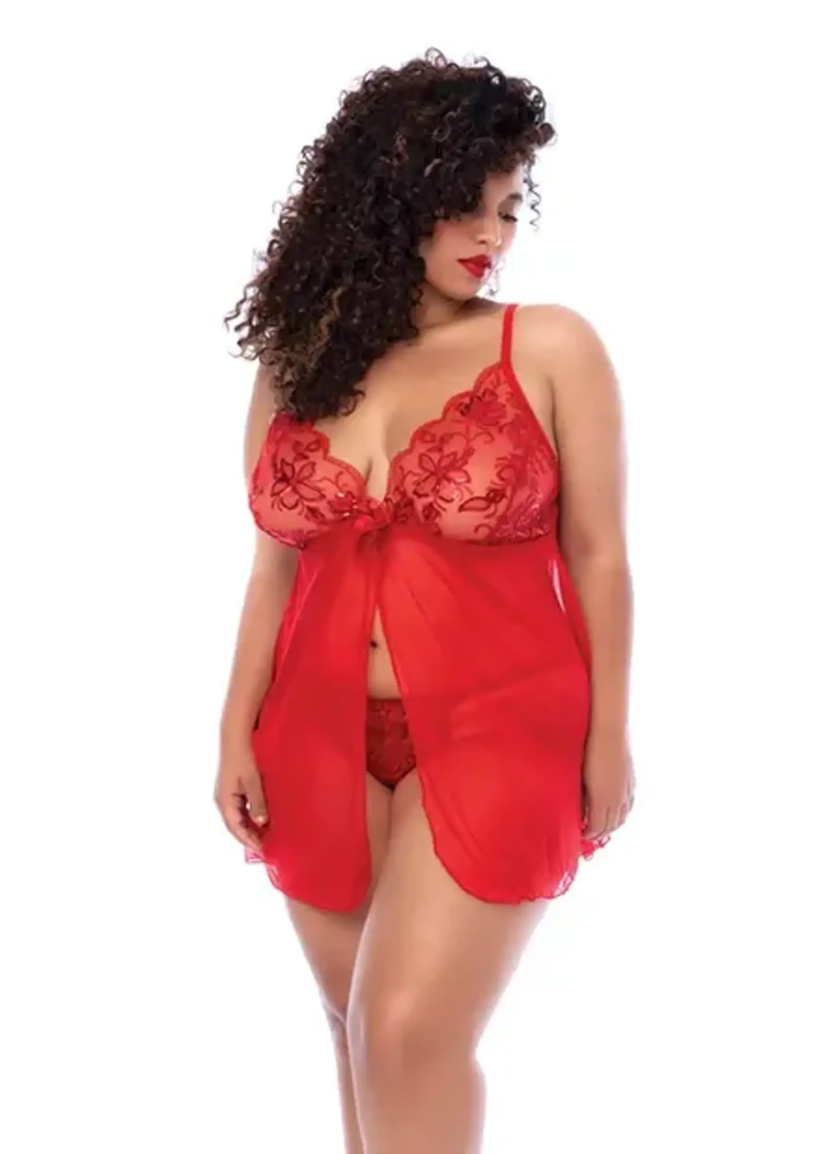 Mapale Sequin Embellished Babydoll w/G-String - Red 3X/4X