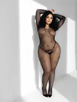 Mapale Long Sleeved All Over Fishnet Body Stocking Black Curvy Queen Size