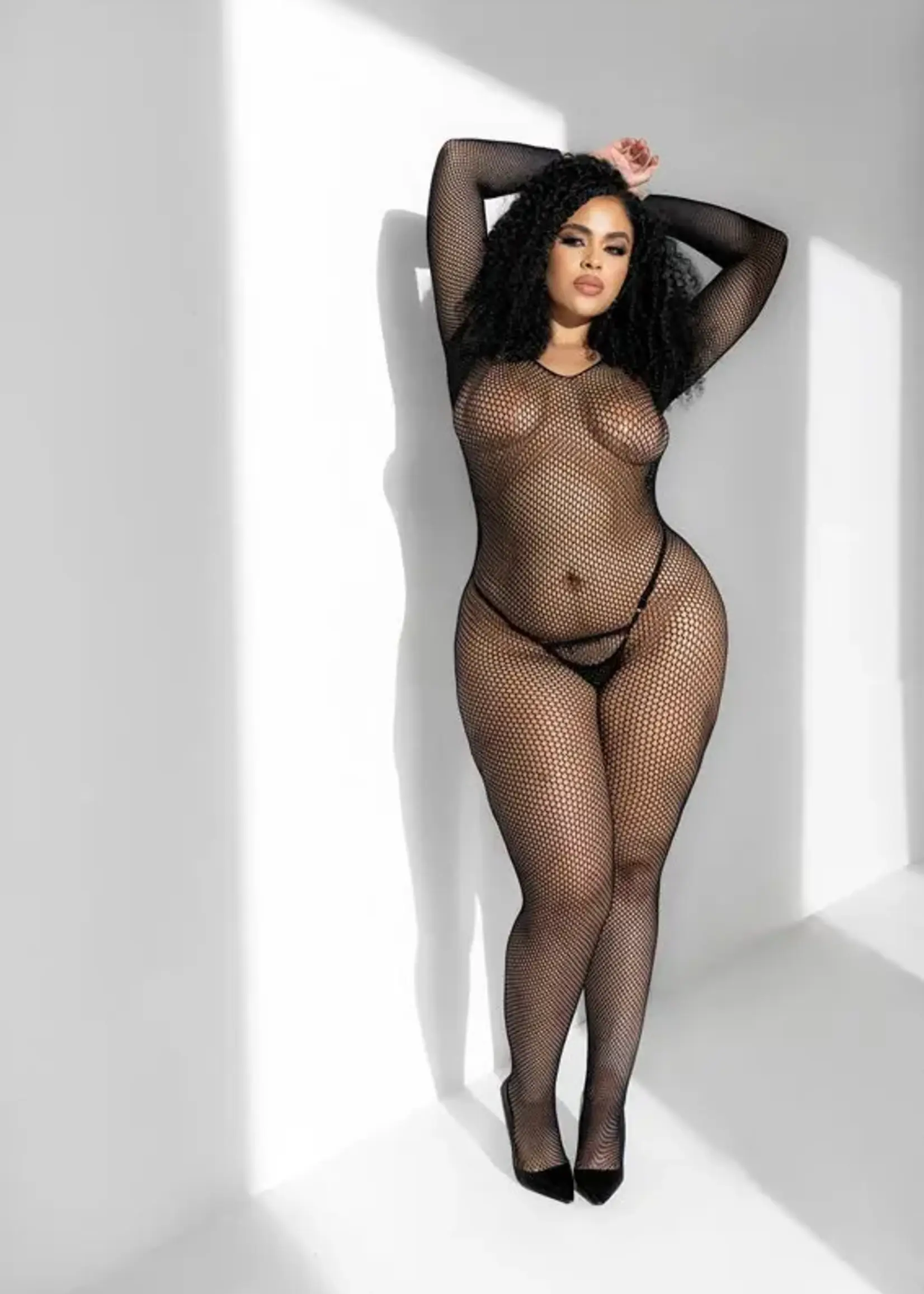 Mapale Long Sleeved All Over Fishnet Body Stocking Black Curvy Queen Size
