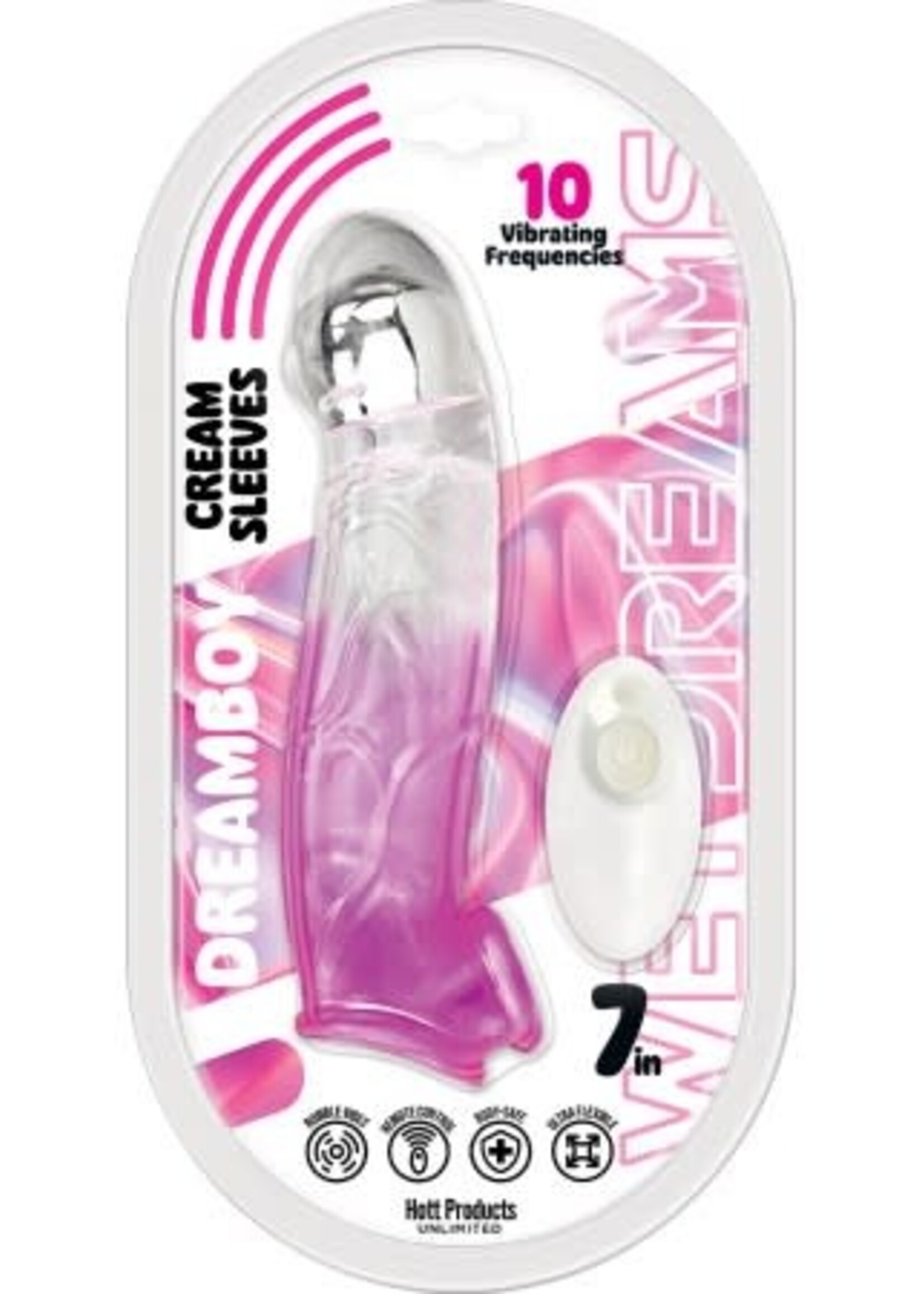 HOTT PRODUCTS Wet Dreams Dreamboy Cream Sleeves Rechargeable Silicone Vibrating Penis Sleeve 7in - Magenta/Clear