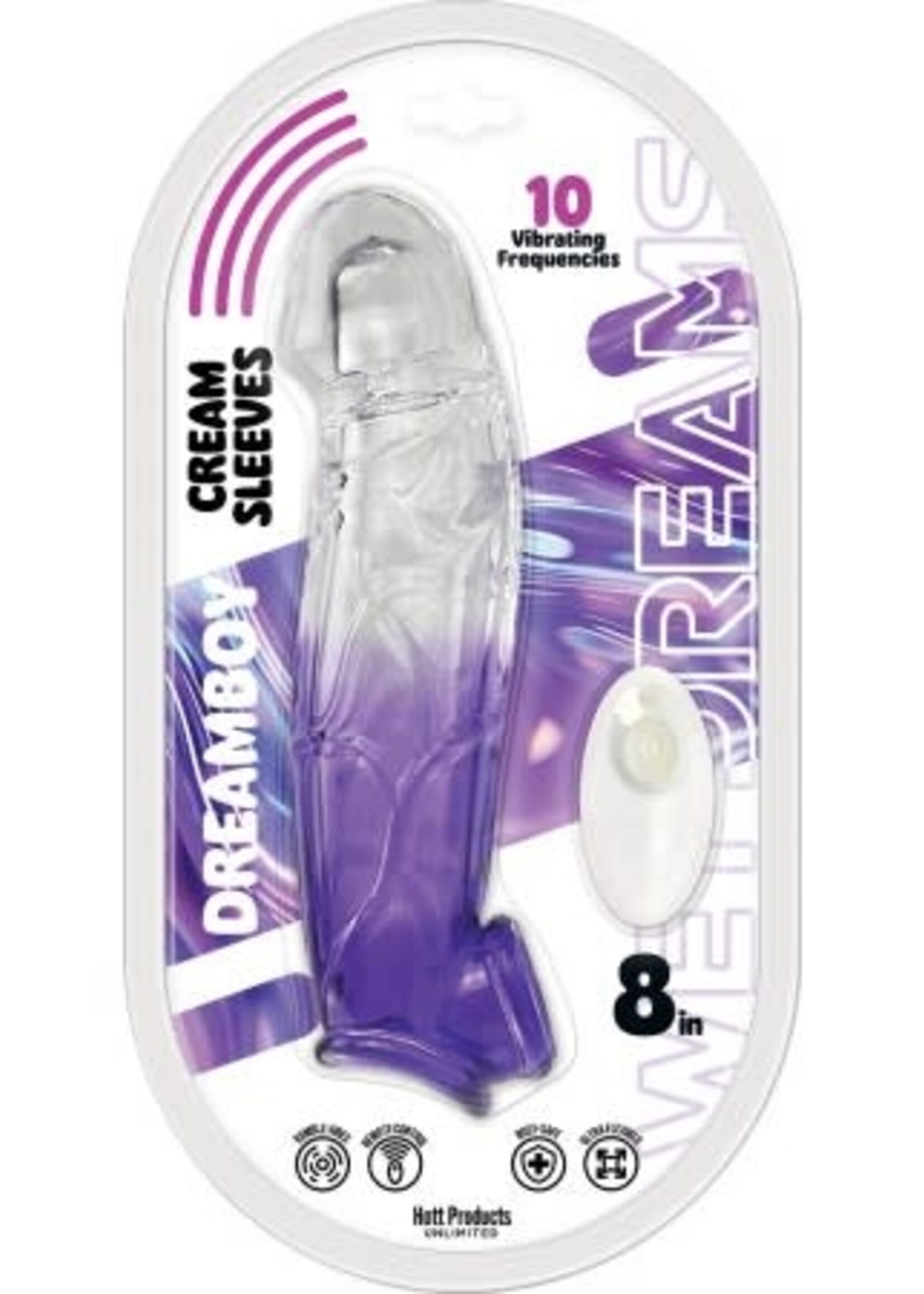 HOTT PRODUCTS Wet Dreams Dreamboy Cream Sleeves Rechargeable Silicone Vibrating Penis Sleeve 8in - Purple/Clear