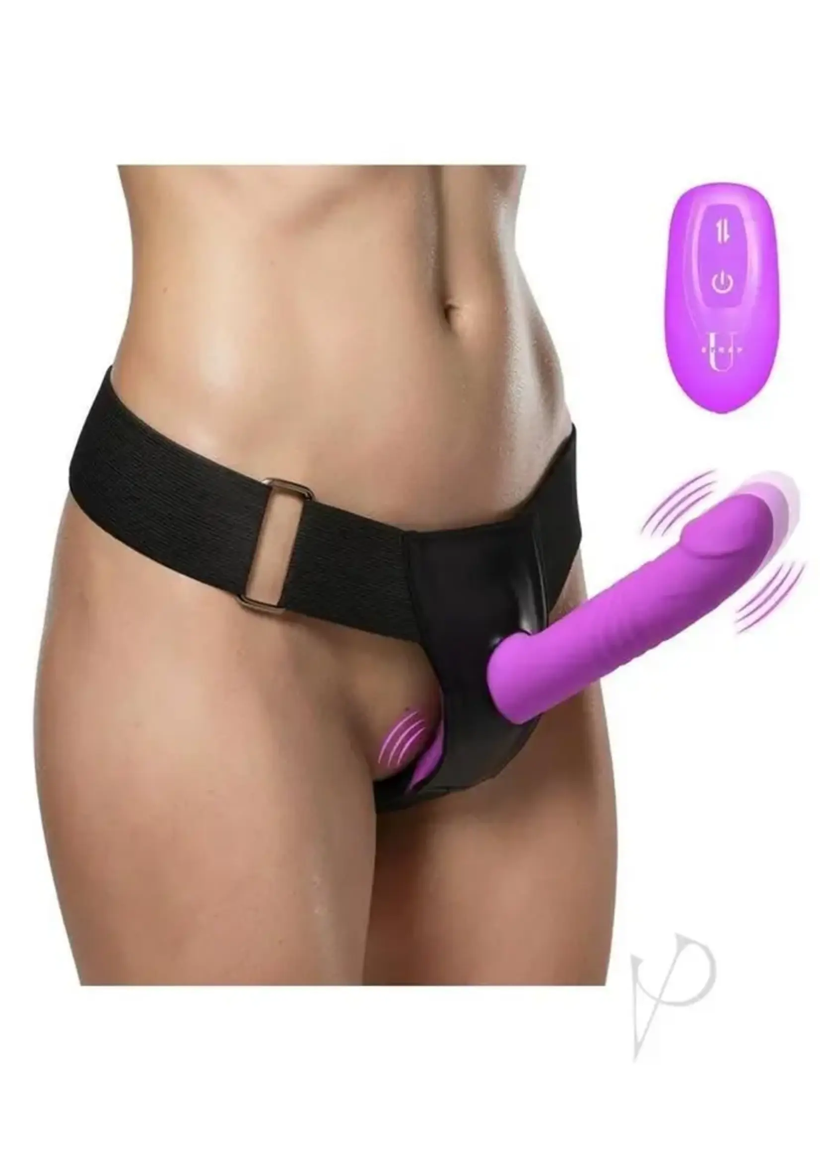 XR Brands Strap U Strap U Thrusting & Vibrating Silicone Rechargeable Strap-On Harness with Remote - Purple/Black