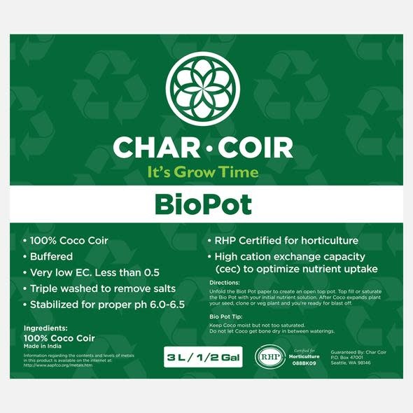 Char Coir Char Coir Bio Pot 1/2 Gallon (3L)