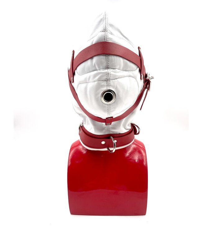 Spanked White and Red Sensory Deprivation Leather Hood