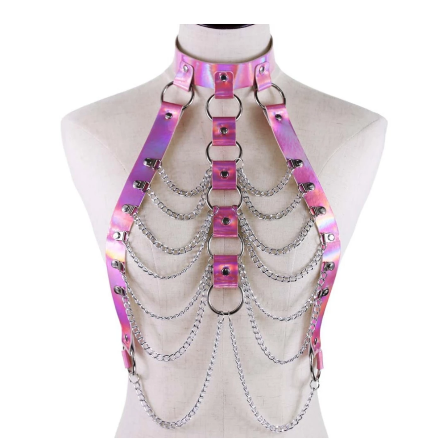 Pink Leather Chain Harness Bra, Woman Bdsm Harness, Chest Harness