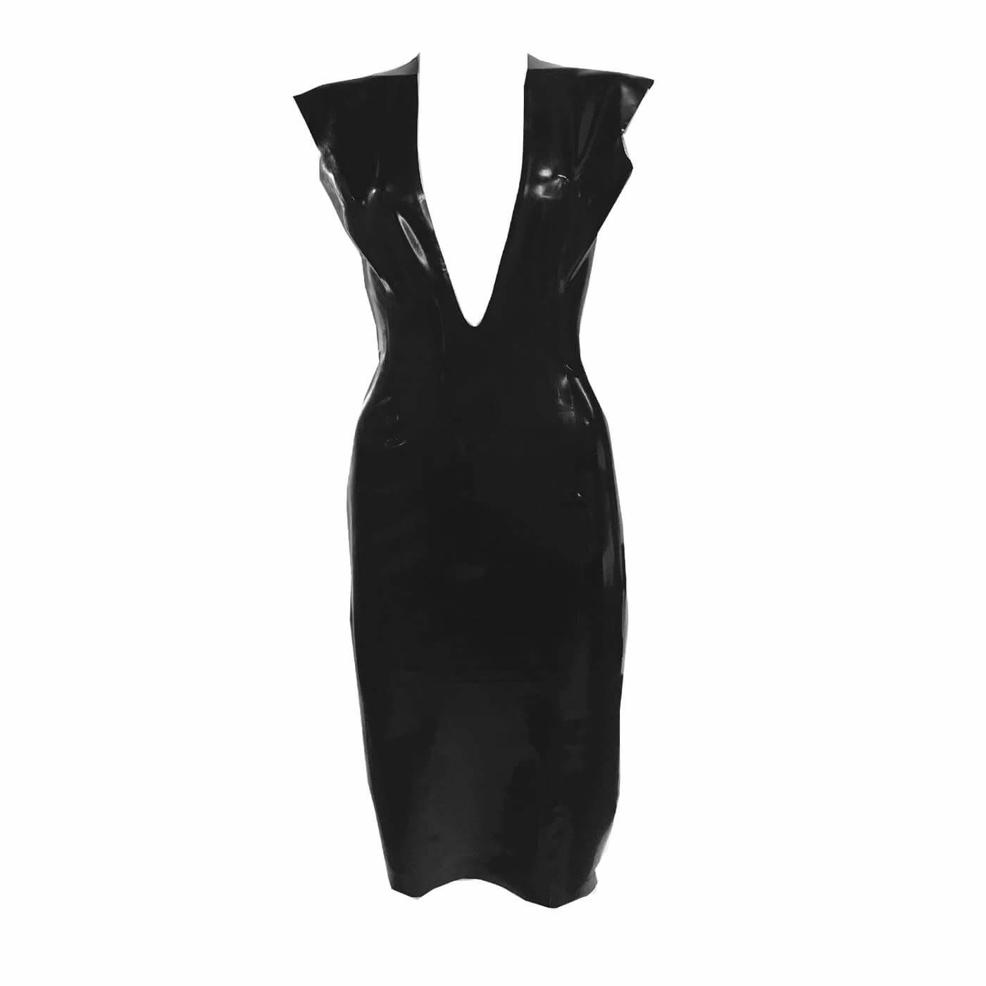 a black latex dress with a deep v-neck. short sleeves that do not reach far past the shoulder. The dress is about mid-calf in length. 