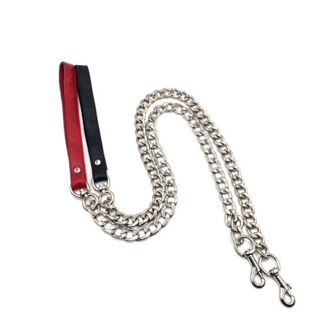 Two leashes against a white background. One leash has a red handle and the other has a black handle. The leashes have thick, silver chains and a sizeable silver clip.