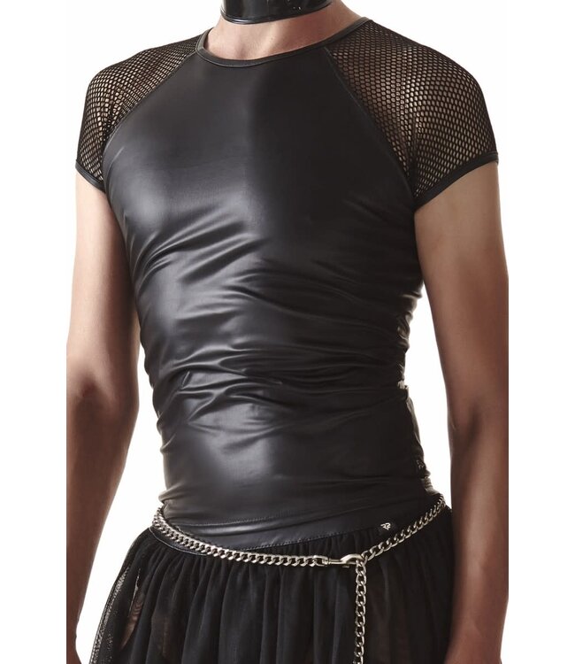 Black Wetlook T Shirt with fishnet sleeves