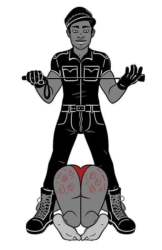 Cartoon style of dom spanking a kneeling sub. A dom dressed as a police officer is standing with their legs spread apart in a confident, powerful stance. The dom is black and is wearing an all-black outfit. The dom is holding a black crop in both hands, waiting to use it on a sub in a kneeling and vulnerable position in between their legs below them. The sub is wearing a black thong. Only the butt of the sub is exposed and their butt has marks from being spanked with the crop. You can see the sub's feet and toes. The dom is looking down at the sub, waiting to strike again.