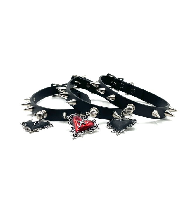 Leather choker with heart and spikes