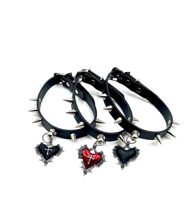 Spiked Choker with Gothic Heart Charm Pendant