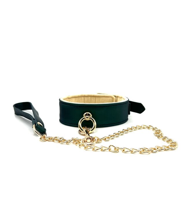 Spartacus Plush Lined PU Green Collar And Chain Leash