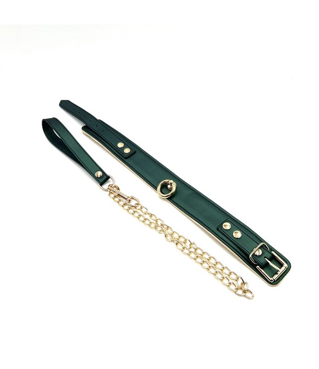 Spartacus Plush Lined PU Green Collar And Chain Leash