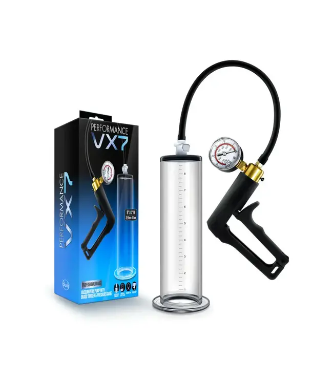 Performance VX7 Vacuum Penis Pump with Brass Trigger & Pressure Gauge Clear