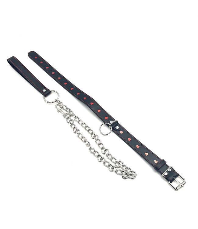 Black Collar with red hearts and leash