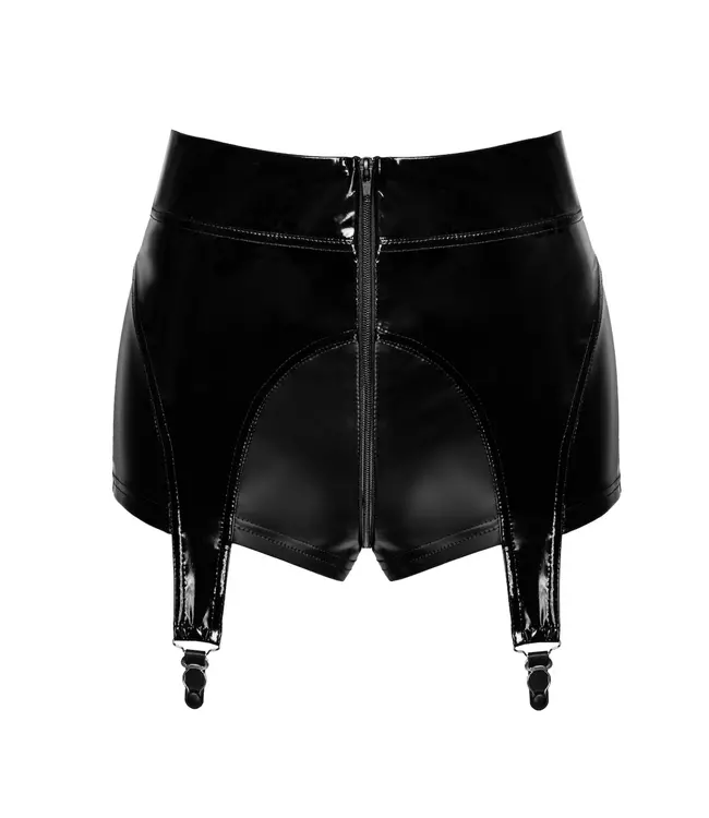 Glam suspender wetlook and vinyl shorts