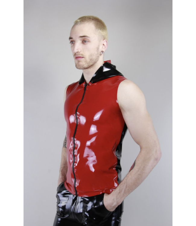 Red and Black Latex Sleeveless Hoodie With Front Zip