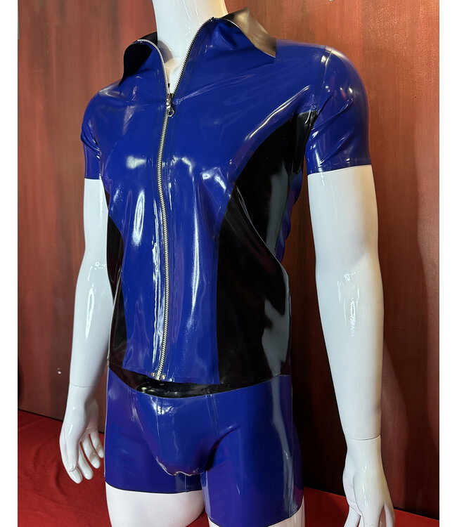 Black and Blue Contrast Latex Front Zip Shirt