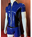 Black and Blue Contrast Latex Front Zip Shirt