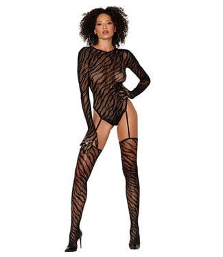 Dreamgirl Animal Print Fishnet Gloved Suspender Teddy Bodystocking With Keyhole Back Black O/S