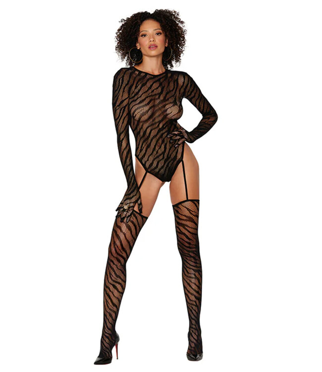 Animal Print Fishnet Gloved Suspender Teddy Bodystocking With Keyhole Back Black O/S