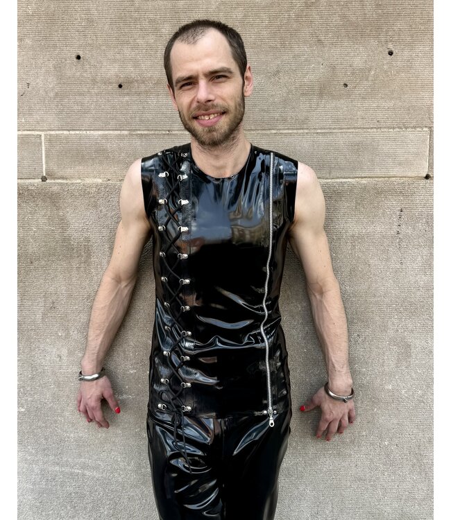 Sleeveless latex top with decorative side lacing