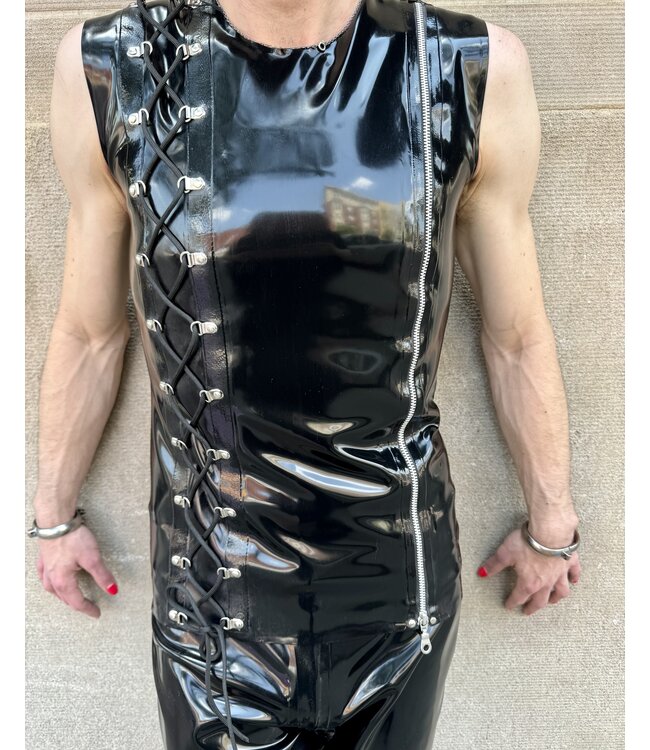 Sleeveless latex top with decorative side lacing