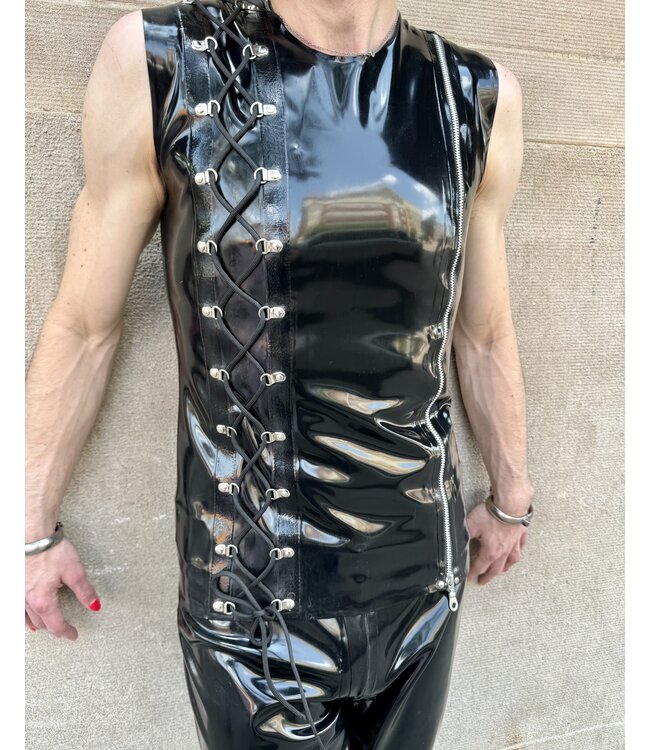 Sleeveless latex top with decorative side lacing