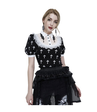 Punk Rave Cross Print Victorian Collar Shirt